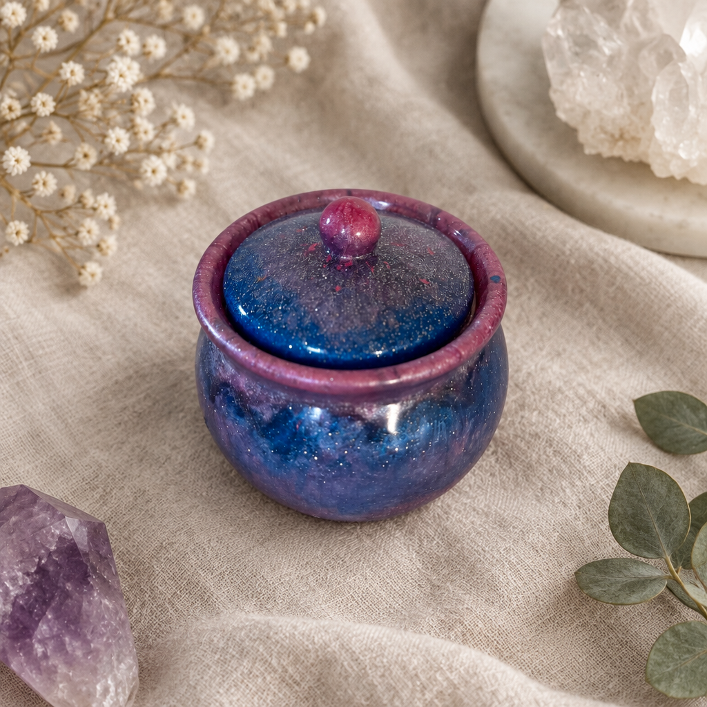 Galaxy blue, purple, and pink glitter swirl cauldron trinket jar with lid shown flat on linen with crystals and eucalyptus