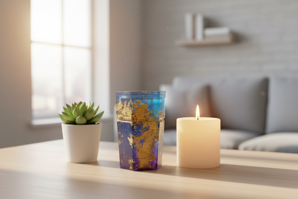 Royal blue and gold foil flake hexagonal stash jar displayed on a table next to a candle and plant