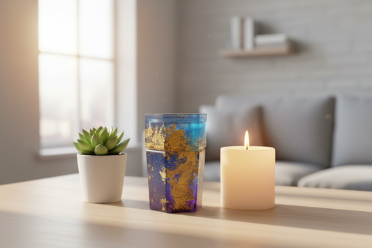 Royal blue and gold foil flake hexagonal stash jar displayed on a table next to a candle and plant