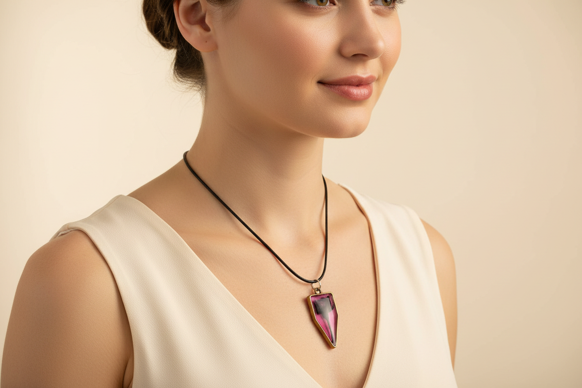 Lifestyle photo of a woman wearing a handmade shield-shaped resin necklace with glossy dark pink and magenta resin, a compressed black rose blossom center, gold-tone border, and black cord in warm natural light