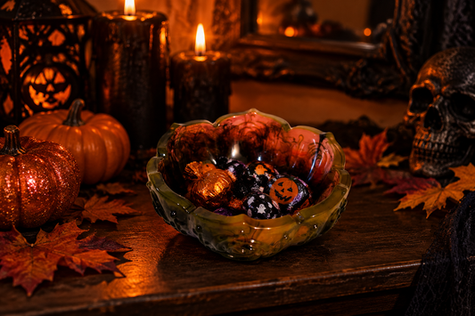 Black and orange resin lotus petal trinket bowl filled with candy on a Halloween mantel with pumpkins, candles, and a skull