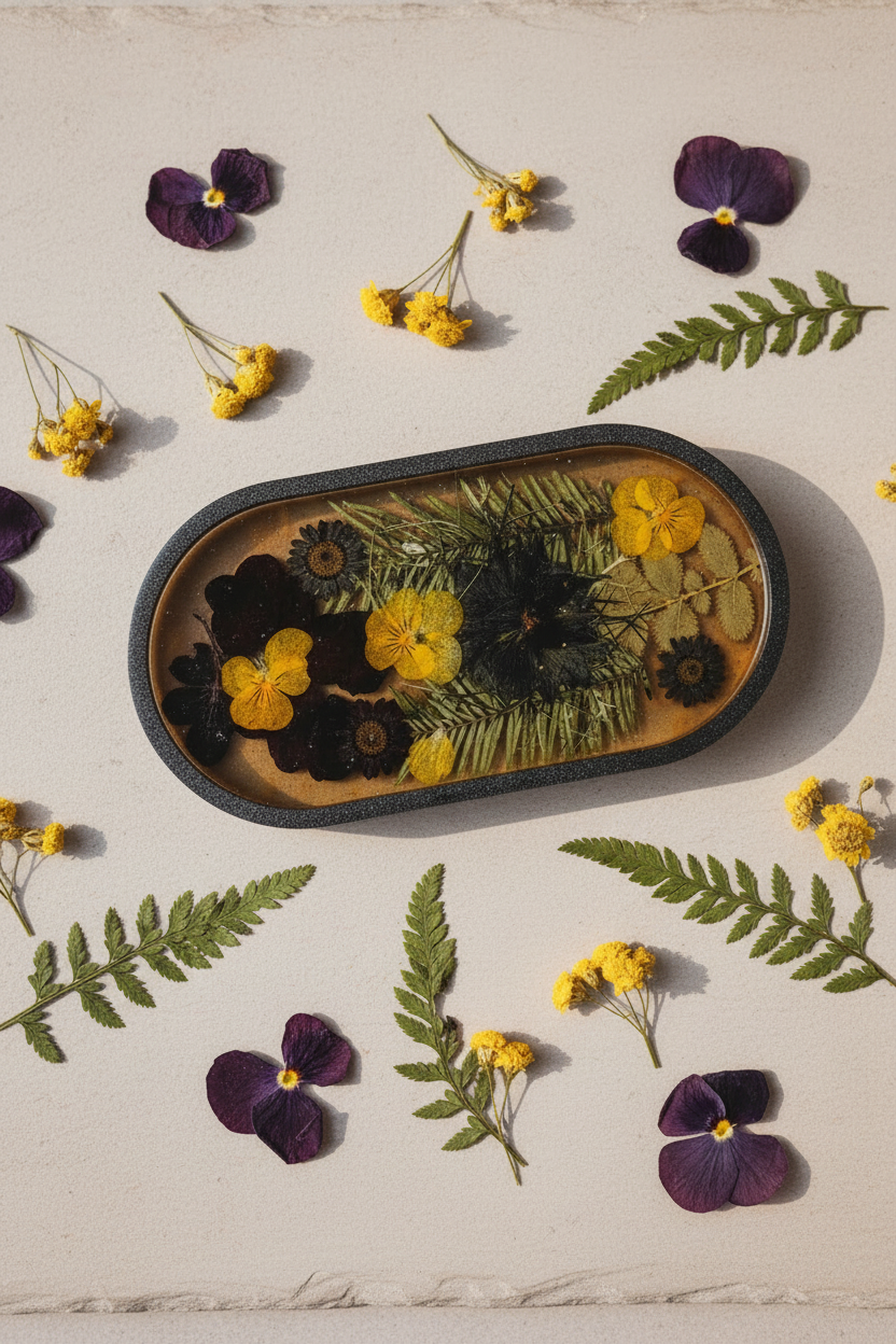 Lifestyle flat lay of pressed viola and daisy resin trinket tray with dark glitter rim on warm light gray stone surface surrounded by deep purple petals, yellow dried blooms, and green fern fronds