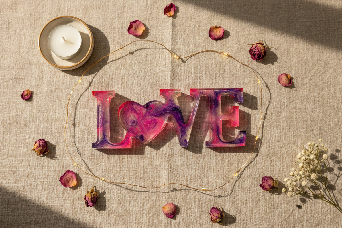 Pink and purple love decor piece styled in a soft romantic flat-lay scene