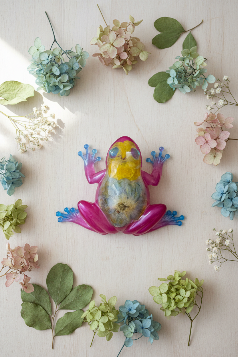 Lifestyle flat lay photo of pink magenta resin frog figurine with dried hydrangea and daisy botanical inclusions surrounded by dried flowers on a wooden surface
