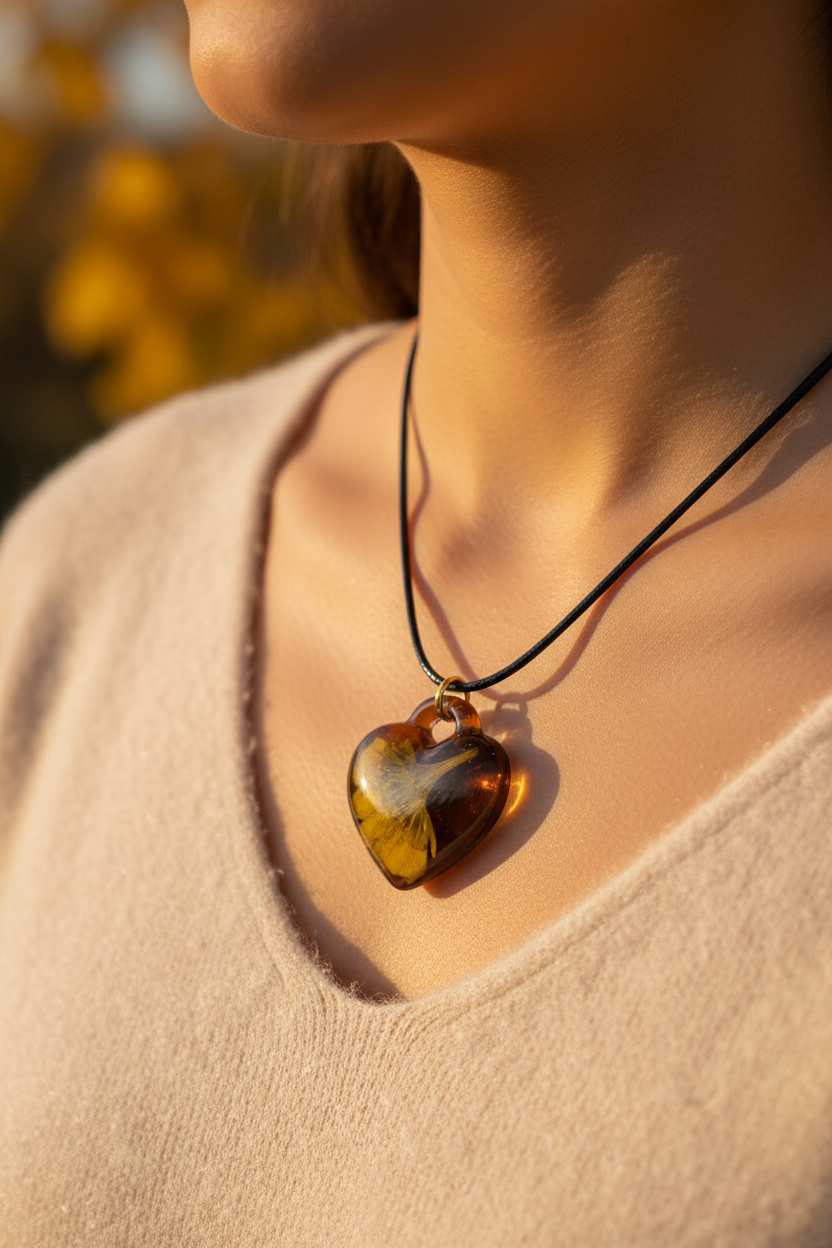 Woman wearing handmade deep amber brown epoxy resin heart pendant necklace with preserved golden yellow ginkgo leaf inside on black wax cord with gold ring, pendant resting against collarbone over cream top in warm autumn lighting with soft golden foliage bokeh background