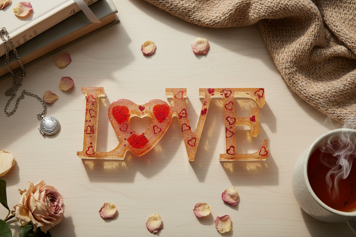 Valentine Love Decor piece styled in a romantic flat-lay scene with red lips, shimmering hearts, and glitter accents