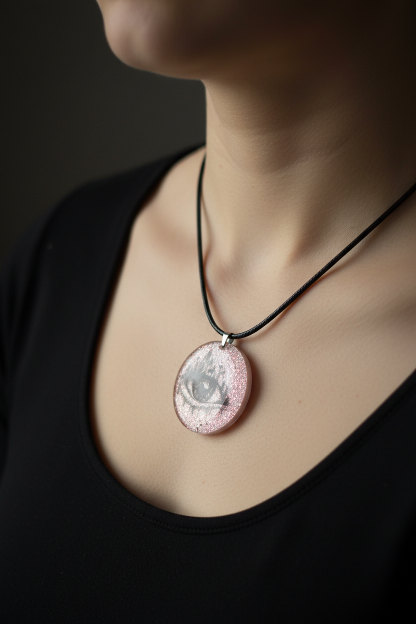 Close-up lifestyle photo of handmade gothic eye resin circle pendant necklace on black matte cord worn at the collarbone on a black top in soft moody natural light