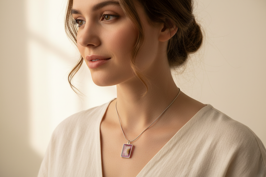 Lifestyle photo of a woman wearing a handmade daisy botanical resin pendant necklace with a rectangular silver-tone bezel and silver snake chain, in soft natural light