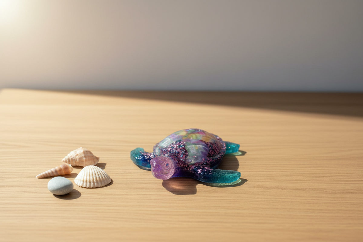 Handmade resin sea turtle figurine with iridescent purple and pink glitter shell containing a colorful butterfly inside and teal blue translucent flippers, sitting as a decorative object on a light natural oak wood desk surface with small seashells and a smooth pebble nearby in soft natural side lighting