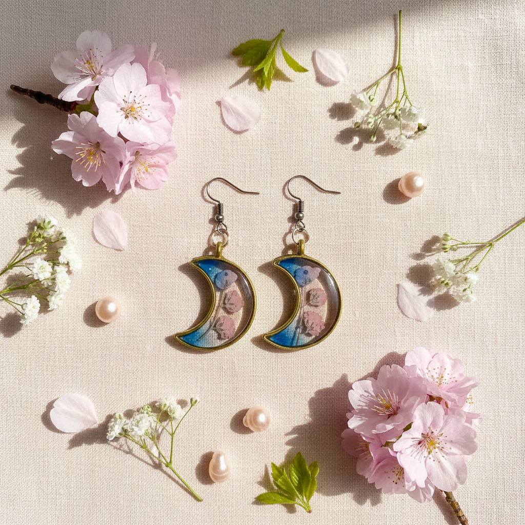 Romantic flat lay of handmade gold crescent moon resin earrings with blue alcohol ink and pressed pink cherry blossoms on pale blush linen, surrounded by cherry blossom petals, white flowers, and pink pearls