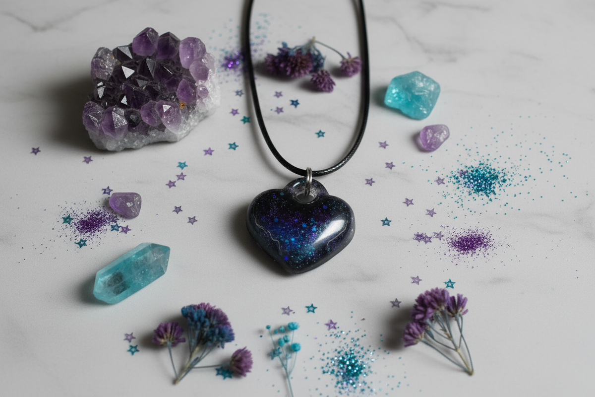 Handmade deep black epoxy resin heart pendant necklace with iridescent purple blue and teal galaxy glitter on black wax cord, arranged in flat lay on clean light grey marble surface surrounded by scattered purple and teal crystals, iridescent star confetti, and tiny dried flowers in bright soft natural lighting
