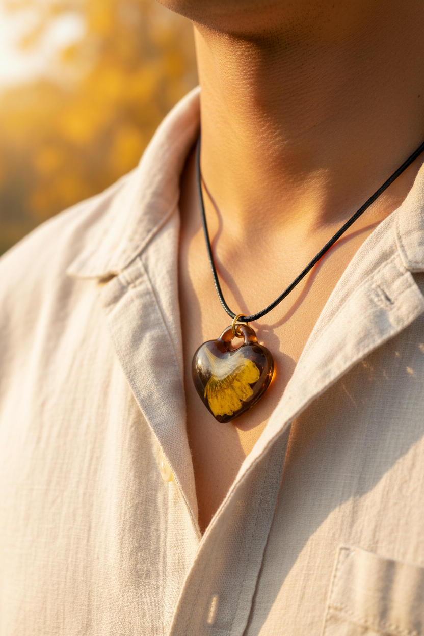 Man wearing handmade deep amber brown epoxy resin heart pendant necklace with preserved golden yellow ginkgo leaf inside on black wax cord with gold ring, pendant resting against collarbone over white linen shirt in warm natural autumn lighting with soft golden foliage bokeh background
