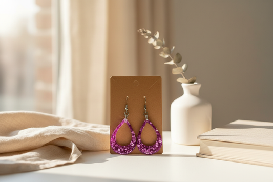 Lifestyle photo of handmade purple confetti glitter open-center teardrop resin dangle earrings on their kraft display card, staged on a bright tabletop with a small vase, book, and soft fabric in warm morning light
