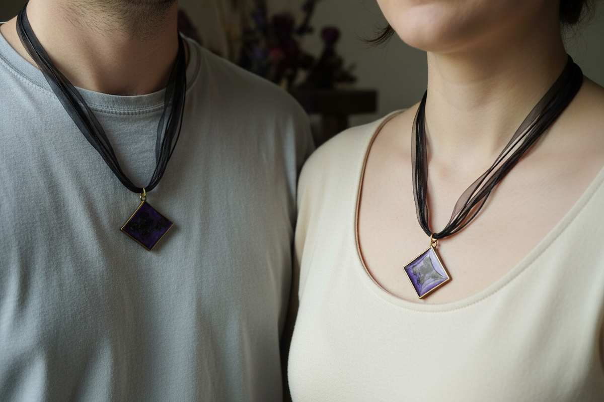 Man and woman both wearing matching handmade purple mica epoxy resin diamond pendant necklaces with pressed black gypsophila flowers in gold-tone frames on black organza ribbons, resting against their collarbones side by side over light shirts in soft diffused natural light, showcasing unisex appeal