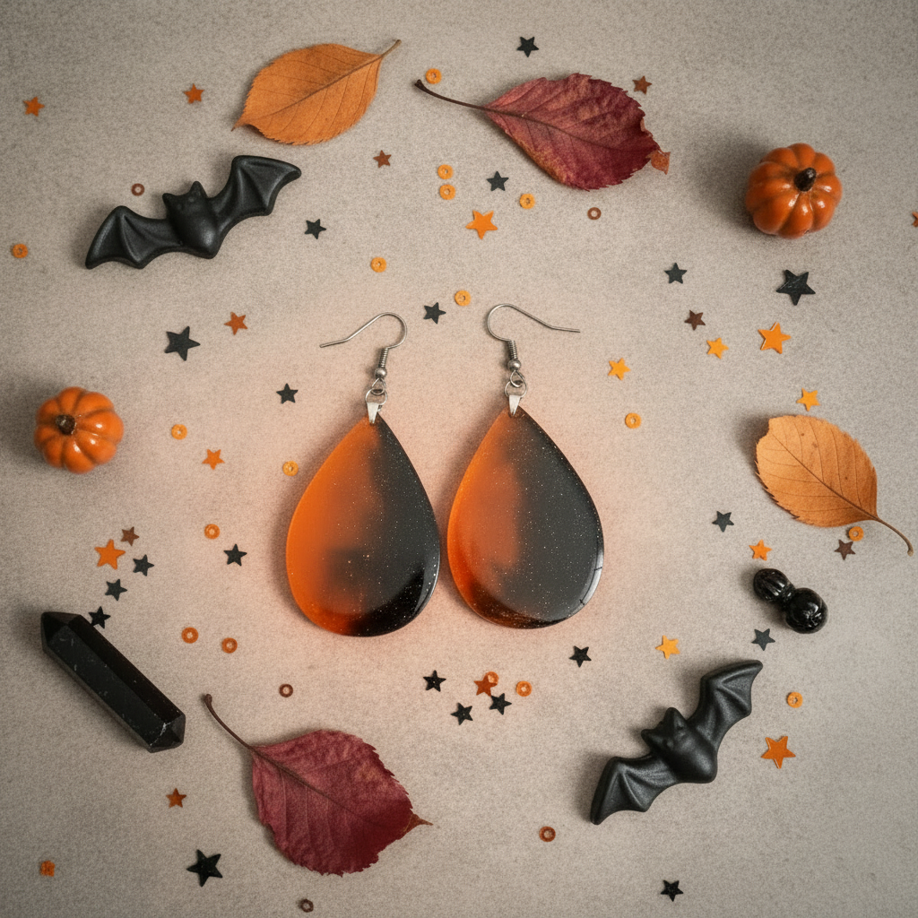 Halloween lifestyle flat lay of handmade orange and black teardrop resin earrings on light gray stone surface with orange confetti, autumn leaves, black crystals, and festive Halloween accents