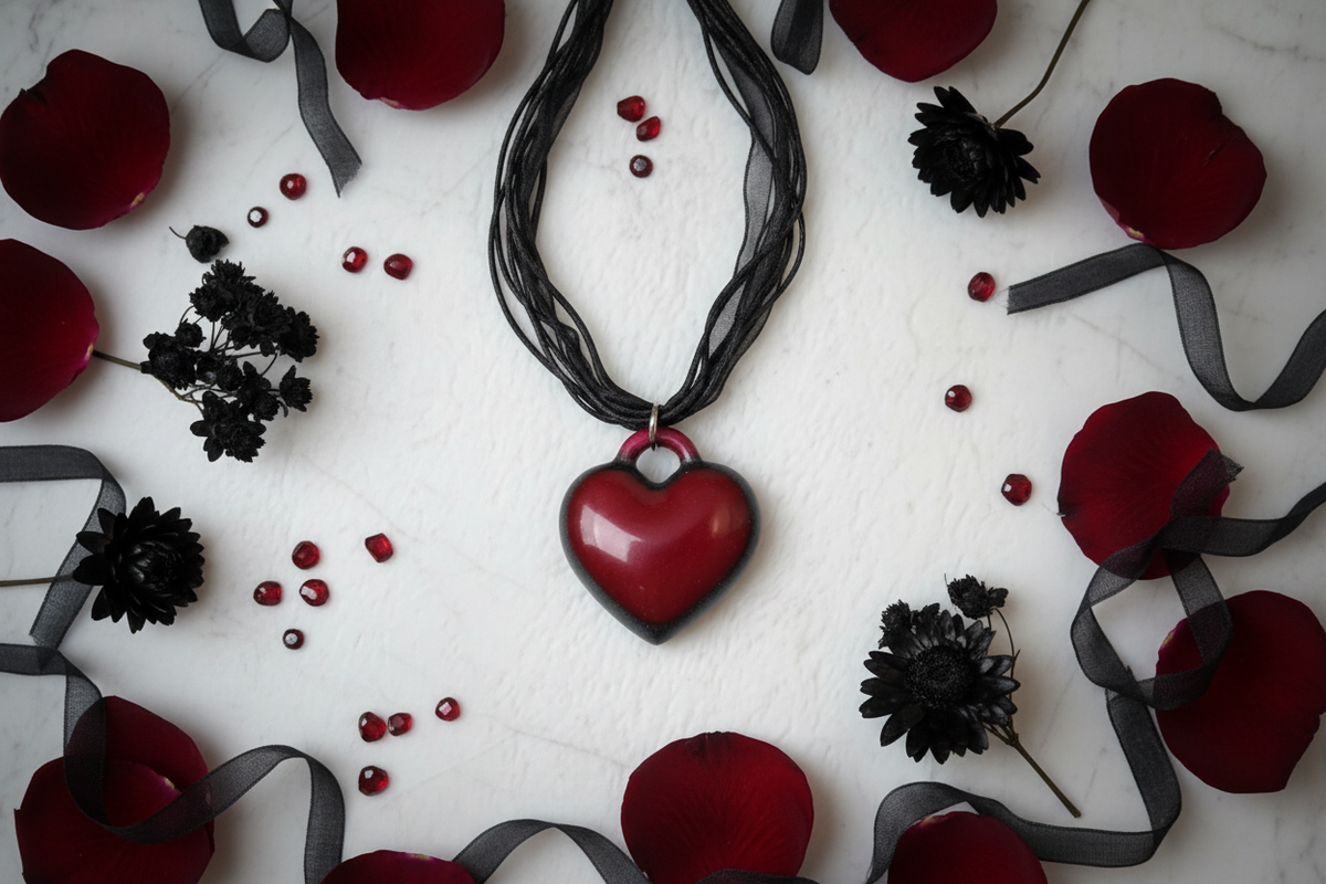 Handmade deep crimson red puffy resin heart pendant necklace with black edge border on multi-strand black ribbon cord, arranged in whimsigoth flat lay on light grey marble surface surrounded by scattered dark red rose petals, small black dried flowers, deep red crystals, and black ribbon in soft moody atmospheric lighting