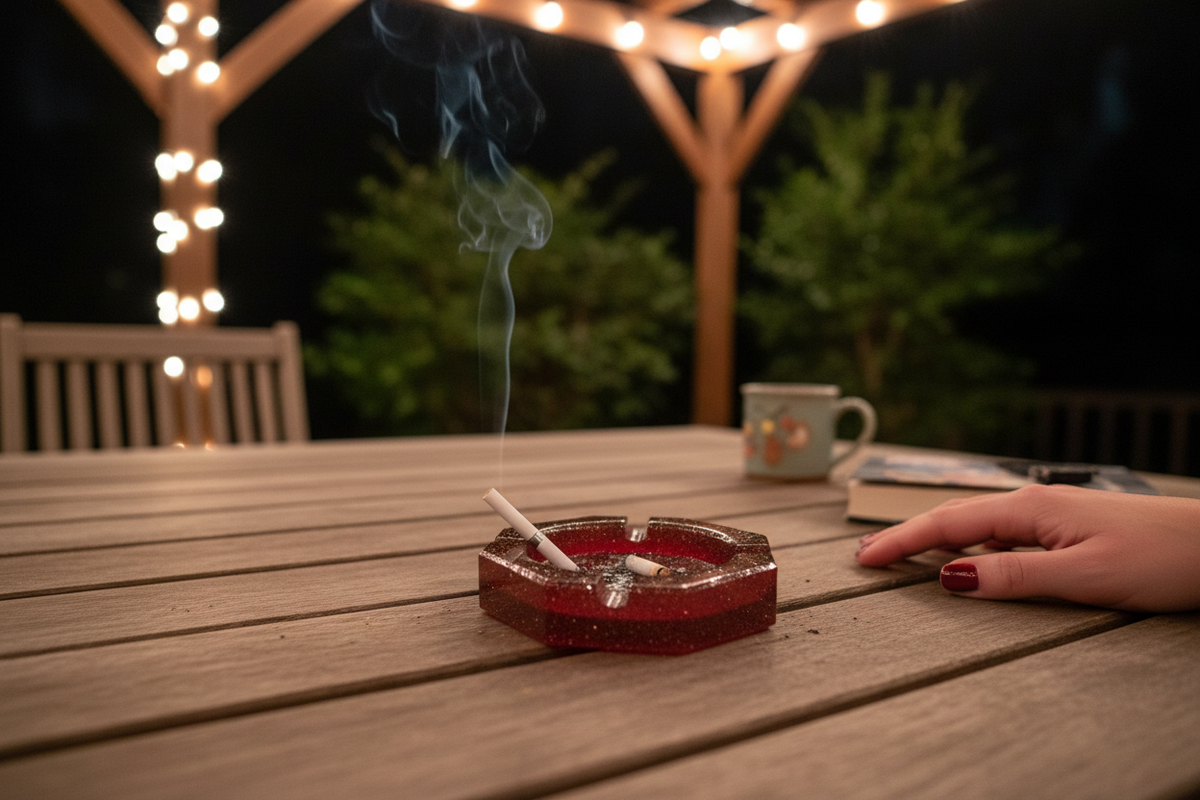 Red glitter octagonal resin ashtray in use on an outdoor patio table at night with a lit cigarette and string lights