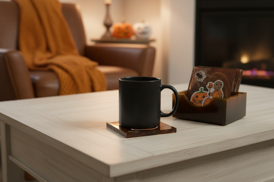 Lifestyle photo of a Trick 'r Treat Sam four-piece coaster set with amber-brown resin holder