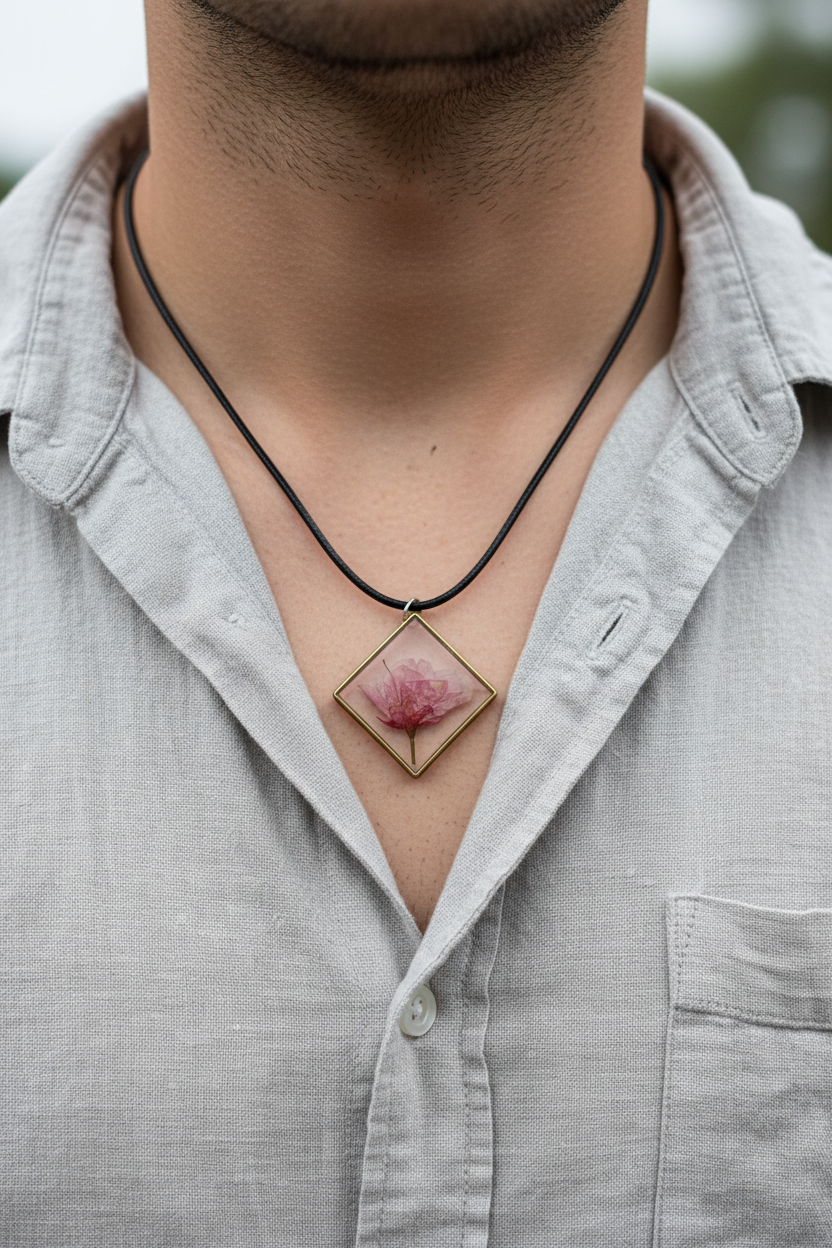 Man wearing handmade clear epoxy resin square diamond bezel pendant necklace with pressed pink rosebud in gold open frame on black wax cord, resting against chest over white linen shirt in soft diffused natural light with no glare on pendant