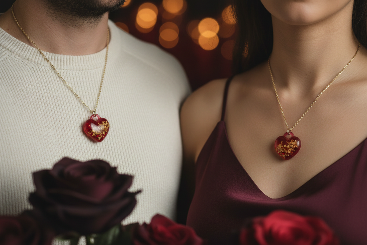 Man and woman both wearing matching handmade deep crimson red epoxy resin heart pendant necklaces with chunky gold leaf flake inclusions on gold-tone chains, pendants resting side by side against their chests, man in white shirt and woman in burgundy top with moody romantic dark rose bokeh background