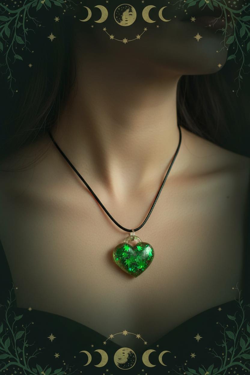Lifestyle photo of botanical leaf heart resin pendant necklace worn around neck with moody green background