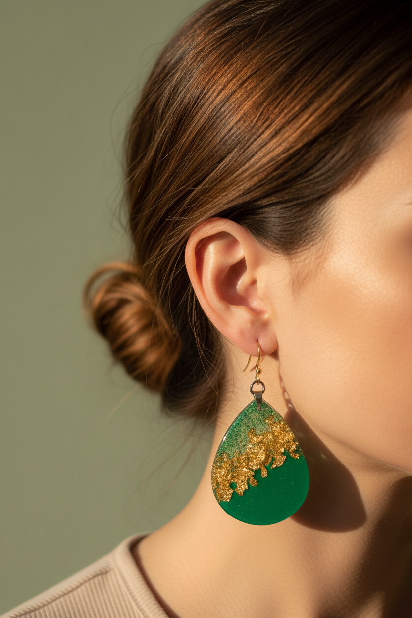 Close-up lifestyle photo of handmade emerald green teardrop resin earrings with chunky gold foil worn on ear in warm natural light against soft sage background