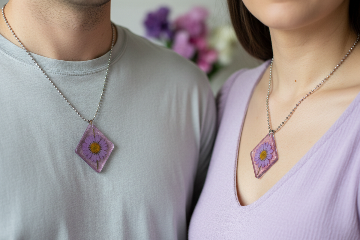 Man and woman both wearing matching handmade pink glitter epoxy resin diamond pendant necklaces with pressed purple daisies on silver ball chains, resting against their collarbones side by side over light tops in soft natural light, showcasing unisex appeal