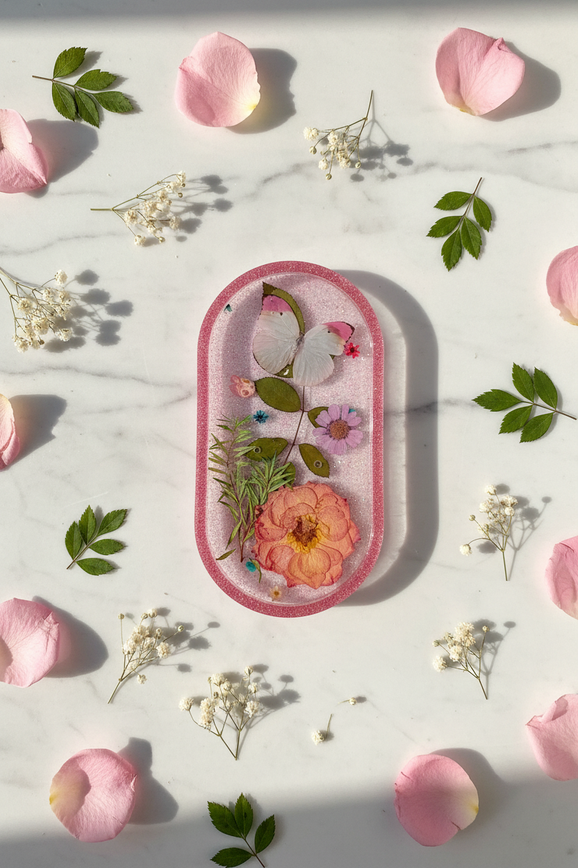 Lifestyle flat lay of pink and white butterfly resin trinket tray with pink glitter rim on white marble surface surrounded by soft pink rose petals, white dried flowers, and green botanical leaves