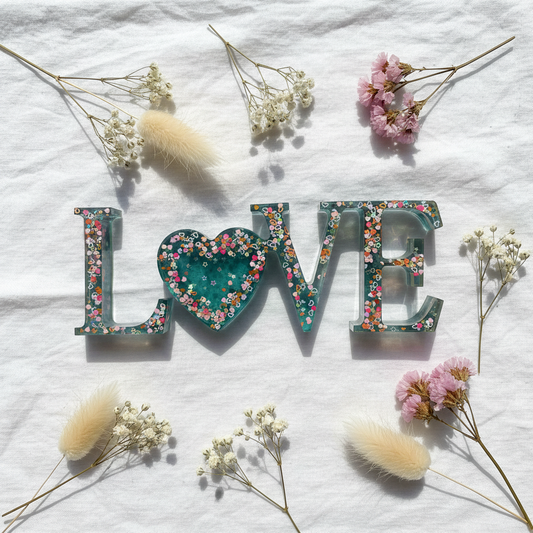 Green and pink resin LOVE decor piece with heart confetti shown flat on white linen with dried flowers