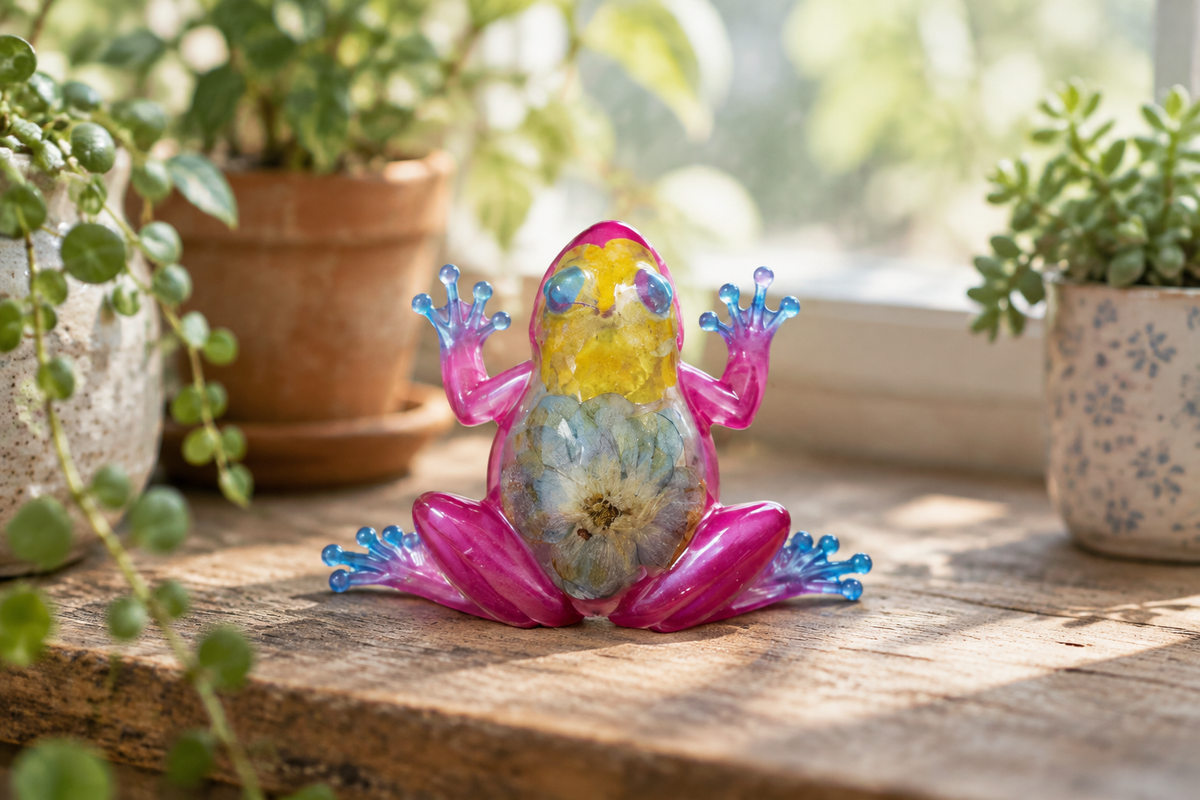 Lifestyle photo of the pink and magenta frog figurine on a wooden windowsill with plants