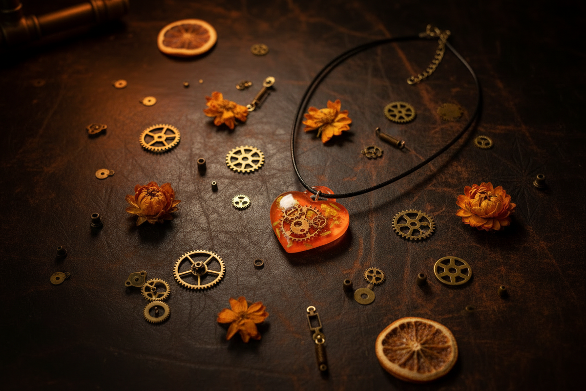 Handmade orange epoxy resin heart pendant necklace with gold steampunk clock gears on black wax cord, arranged on dark aged wood surface with scattered antique brass gears and watch parts in warm candlelight atmospheric lighting