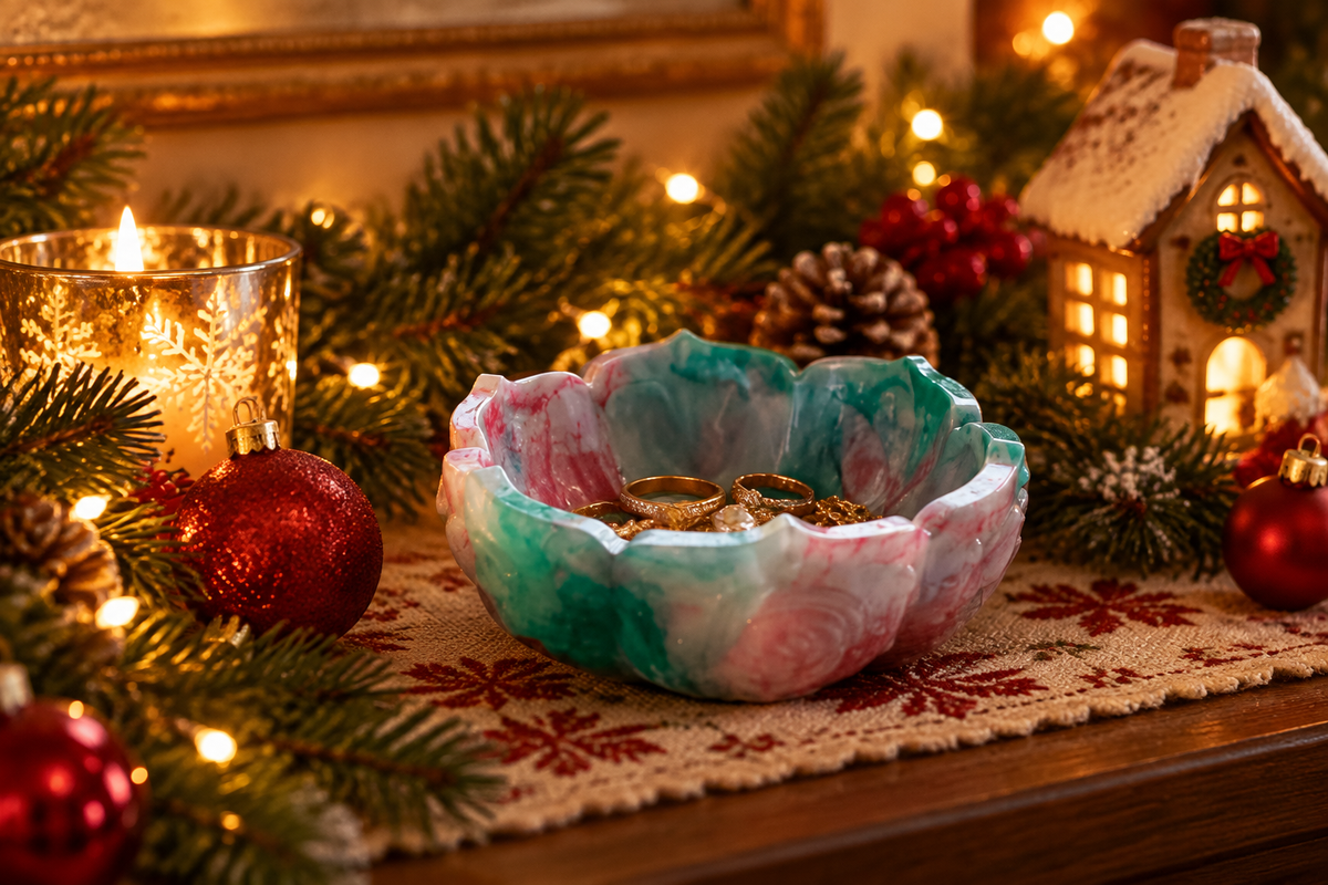 Teal, red, and white resin lotus petal trinket bowl on a festive holiday mantel with pine, ornaments, and twinkle lights
