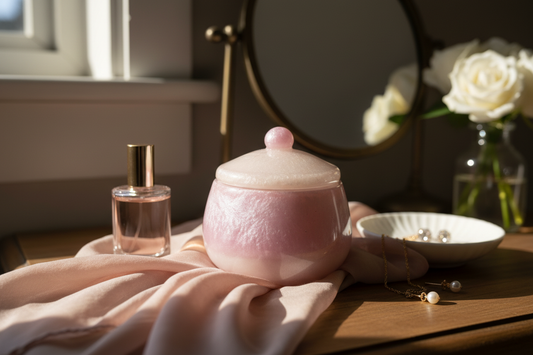 Pink and white shimmer resin trinket jar with sphere knob lid displayed on a vanity