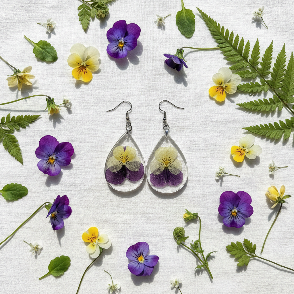 Botanical flat lay of handmade crystal clear teardrop resin earrings with pressed purple and yellow viola flowers on white linen, surrounded by fresh violas, fern fronds, and green leaves