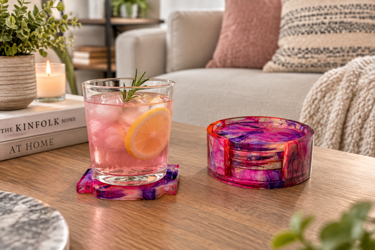 Pink and purple tie dye resin coaster in use with drink, holder with stacked coasters on coffee table