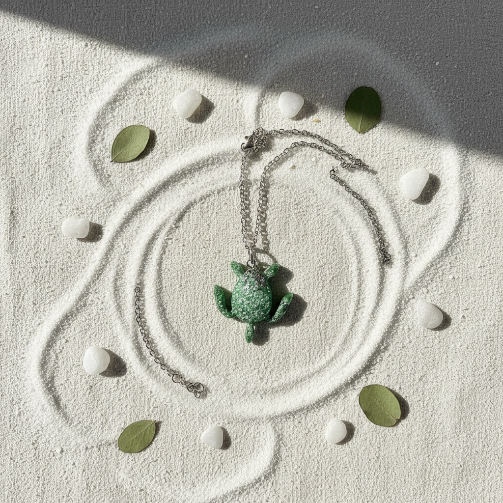 Soft coastal lifestyle flat lay of handmade green and silver resin sea turtle pendant necklace with chain curved on pale linen, surrounded by eucalyptus leaves, sea glass, and white sand
