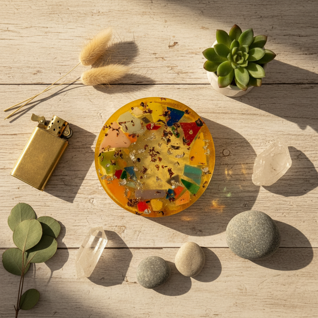 Overhead flat lay of handmade amber epoxy resin ashtray with colorful mosaic glass shard terrazzo effect on natural wood surface, styled with a lighter, succulent, crystals, and smooth stones