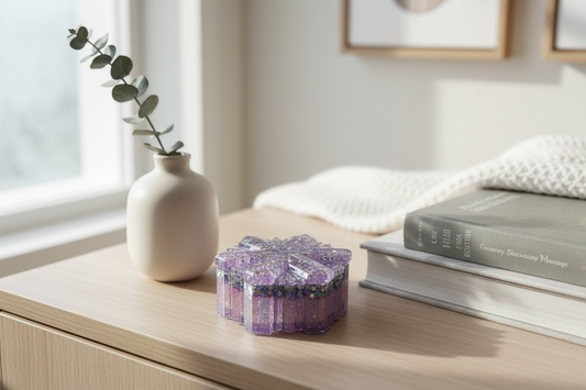 Purple and silver Snow Queen resin jewelry box displayed on a light wood shelf in a cozy lifestyle setting