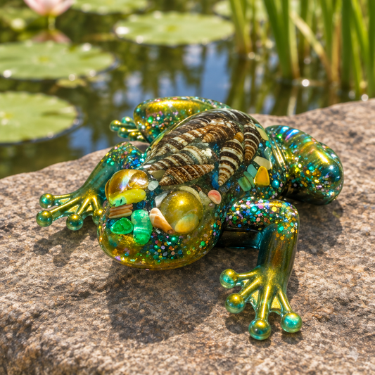 Green, teal, and gold resin frog figurine with embedded seashells resting on a stone beside a pond