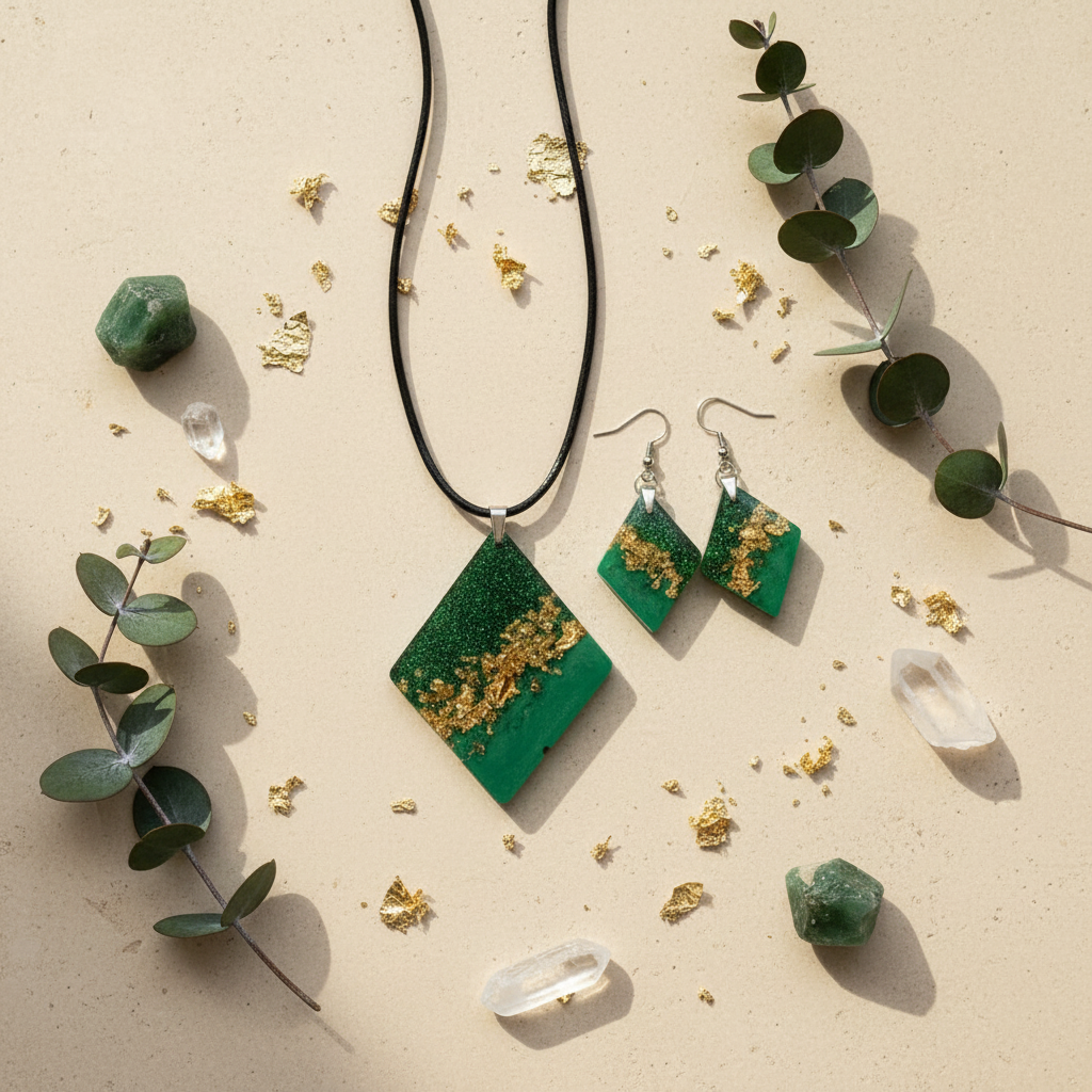 Overhead flat lay of handmade emerald green and gold foil diamond resin jewelry set on light sage green linen — geometric diamond pendant necklace and matching drop earrings surrounded by gold leaf fragments, eucalyptus sprigs, and crystal accents