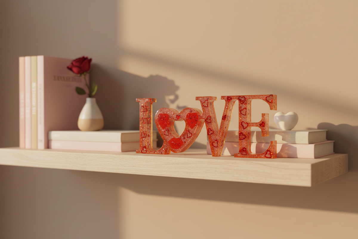 Valentine Love Decor piece displayed on a styled shelf with red lips, shimmering hearts, and glitter accents