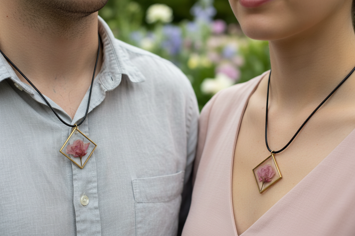 Man and woman both wearing matching handmade clear epoxy resin square diamond bezel pendant necklaces with pressed pink rosebuds in gold open frames on black wax cords, resting against their collarbones side by side over light shirts in soft natural light, showcasing unisex appeal