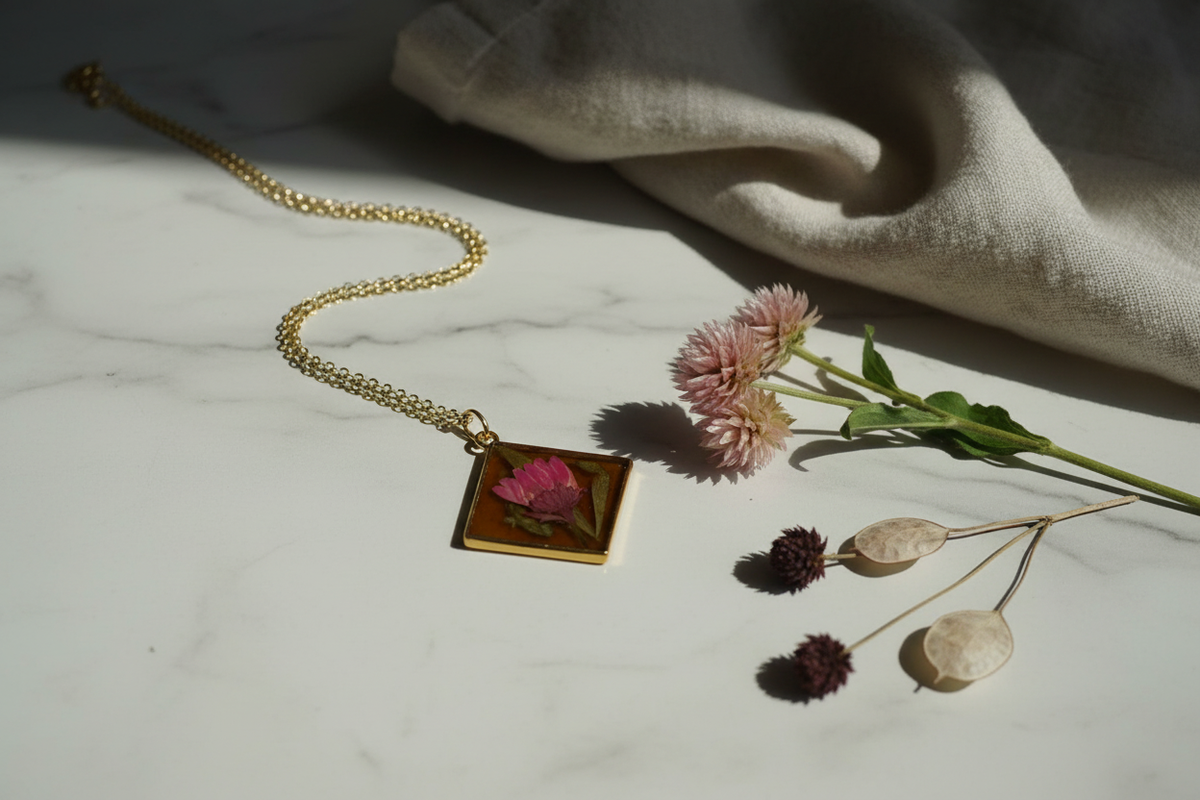 Handmade pink globe amaranth dried flower resin diamond pendant necklace draped on white marble surface with fresh pink botanicals and dried flowers in soft natural window light