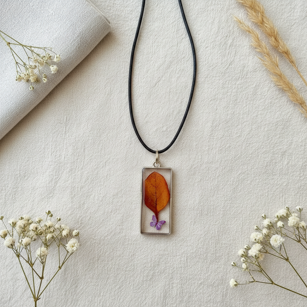 Flat-lay of a handmade rectangular open-bezel resin pendant with a real dried orange-brown Cotinus smokebush autumn leaf and a purple butterfly sticker in clear resin on an 18 in. black cord, composited from the original product photo and styled on cream linen with baby's breath and dried grasses