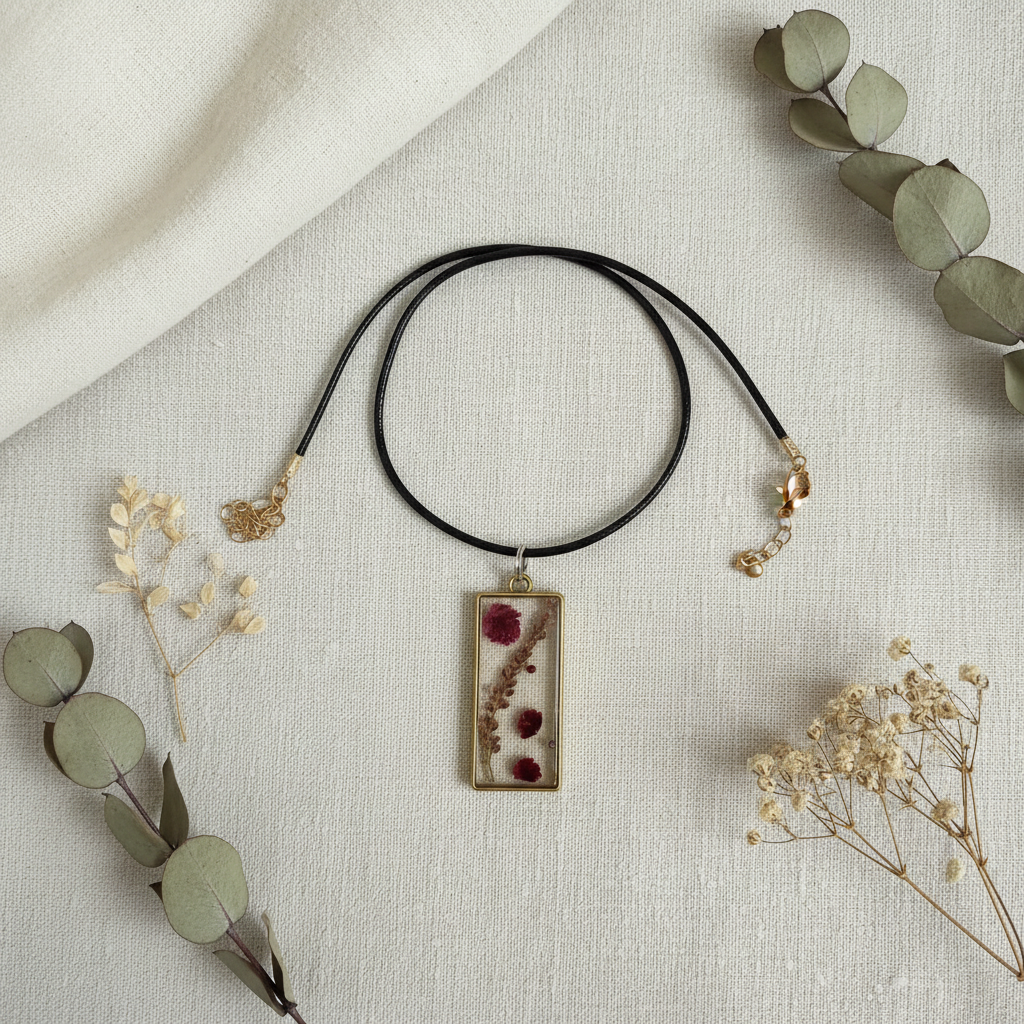 Flat-lay of a handmade rectangular resin pendant with preserved red gypsophila and dried amaranth buds behind a gold-toned frame on an 18 in. black cord, composited from the original product photo and styled on cream linen with eucalyptus and dried botanicals