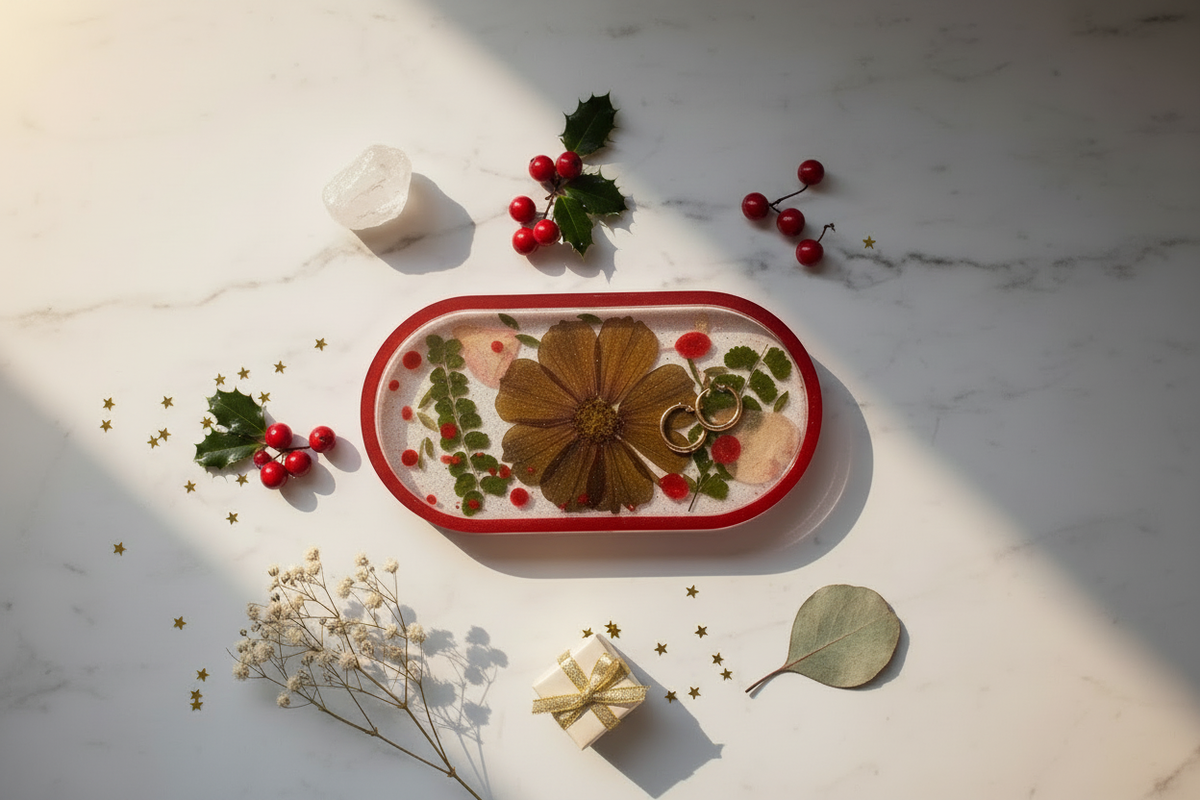 Handmade oval resin trinket tray with red border and clear resin interior with pressed cosmos flower and leatherleaf fern, styled on a cream vanity with jewelry, crystal, baby's breath, eucalyptus, red holly berries, a tiny gift box, and gold star confetti for a festive Christmas aesthetic