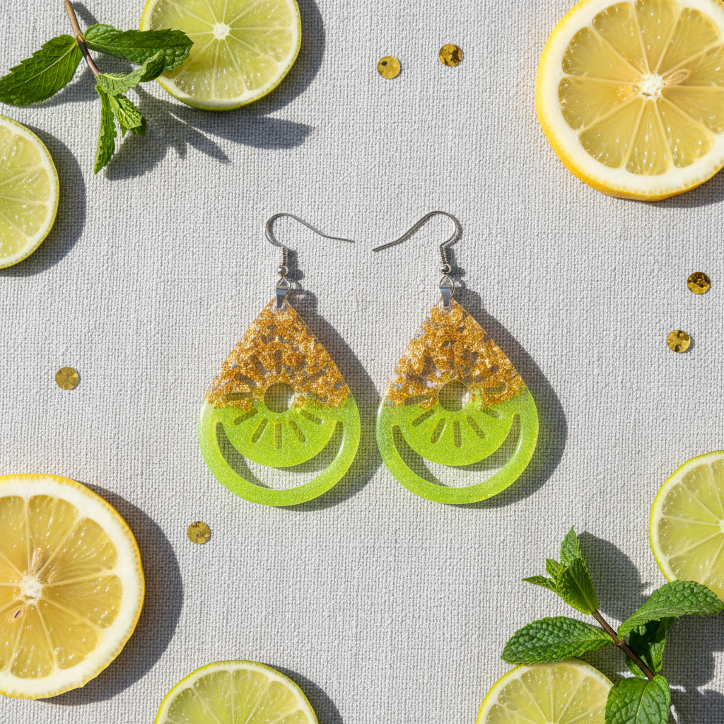 Summery flat lay of handmade neon chartreuse resin teardrop earrings with gold foil and citrus wheel cut-out design on grey linen, surrounded by lemon slices, gold confetti, and fresh greenery