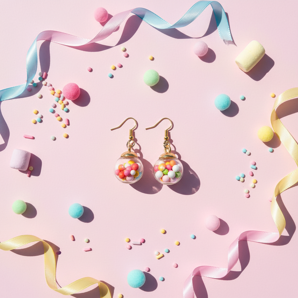 Bright kawaii flat lay of pastel gumball globe dangle earrings on soft pink surface surrounded by pastel candy pom poms, sprinkles, and mini marshmallow shapes