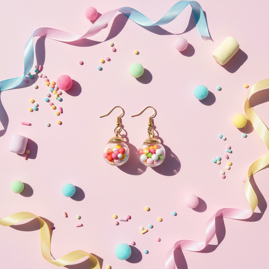 Bright kawaii flat lay of pastel gumball globe dangle earrings on soft pink surface surrounded by pastel candy pom poms, sprinkles, and mini marshmallow shapes