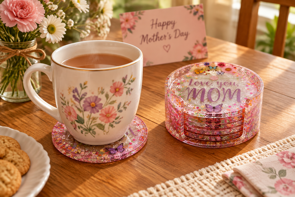 Love You Mom coaster set in use with mug and coasters stacked in the resin holder